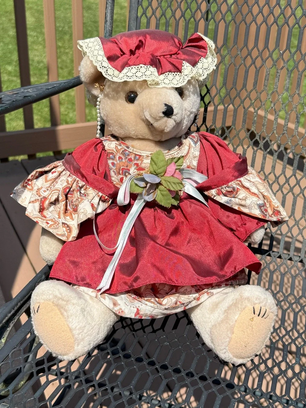 Accents | Vintage Stuffed Plush Bear In Red Victorian Dress With Bonnet ...